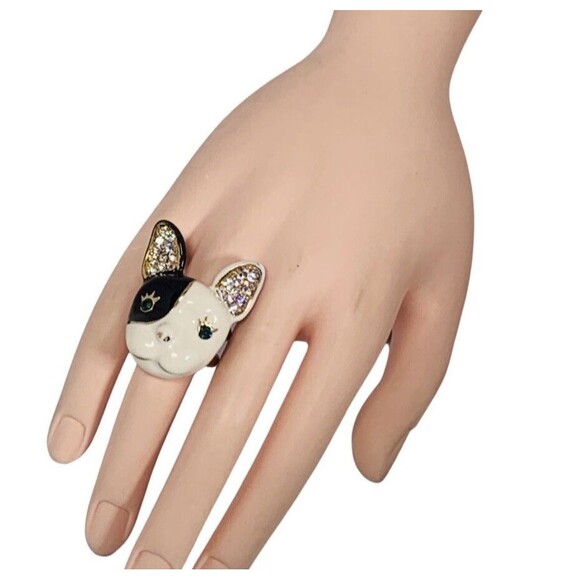 Betsey Johnson French Bulldog Statement Ring Crystal Royal Engagement VTG - Picture 2 of 9